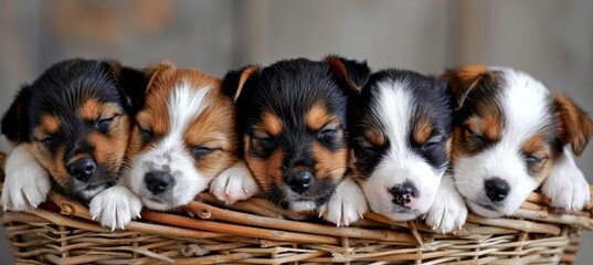 Charming newborn puppy peacefully napping with siblings in a warm and snug basket