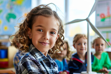 Children at school learning about renewable energy, wind turbine, fun classroom activities