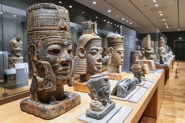 Display of various african head sculptures at international museum