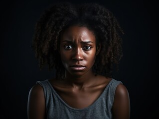 Black background sad black independant powerful Woman realistic person portrait of young beautiful bad mood expression girl Isolated on Background racism skin color depression