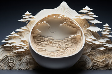 A paper sculpture of a bowl with ocean waves, mountains and trees, showcasing intricate details and craftsmanship. 3d oriental landscape in white and beige tones on dark background.