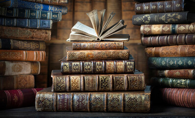 Opened book and stacks of old books on wooden desk in old library. Ancient books historical background. Conceptual background on history, education, literature topics. 