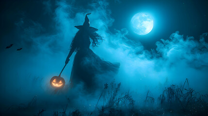 Fototapeta premium A Halloween witch flying across the full moon on a broomstick, with fog and eerie lighting.