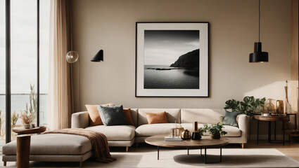 Fototapeta premium Modern style relaxation room with beautiful pictures on the wall.AI generated