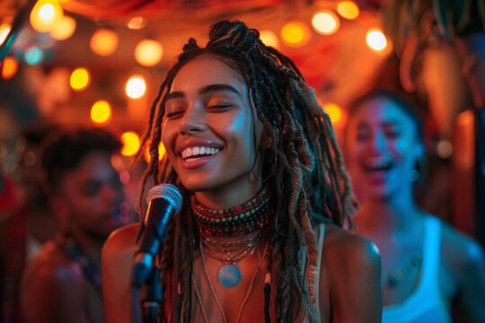 Young woman singing into microphone at party