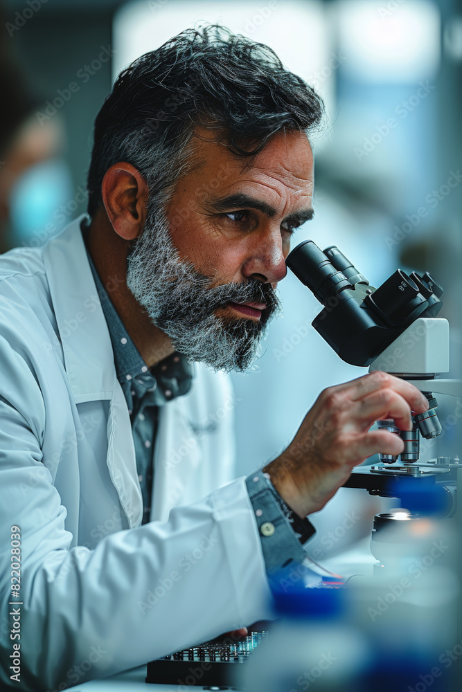 Poster scientist examining tissue samples with microscope
