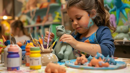 A whimsical children's ceramic workshop with playful tools and vibrant paints, fostering creativity and fun.