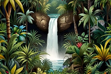 Painting of a jungle landscape. Watercolor pattern wallpaper. Generative AI 