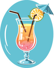Glass of cocktail with straw and umbrella. Sex on the Beach cocktail. Flat style vector illustration