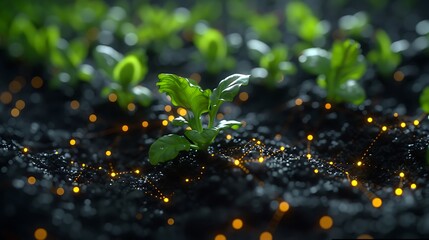 Small green seedlings sprouting in dark, fertile soil illuminated by glowing particles, symbolizing growth and innovation in agriculture.