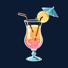 Glass of cocktail with straw and umbrella. Sex on the Beach cocktail. Flat style vector illustration