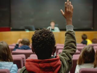 boy raising hand in class room