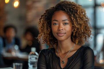 Woman with curly hair sitting at table