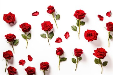 A spread of red roses and petals on a white background, illustrating love, romance, and celebration. Scattered Red Roses on White Background