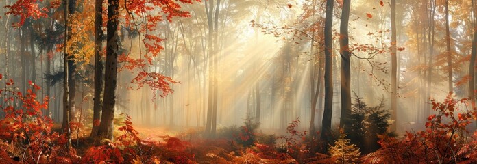 Autumn forest with rays of sunlight shining through the trees.