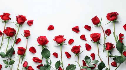 Beautiful red roses and petals on white background top