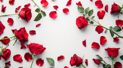 Beautiful red roses and petals on white background top