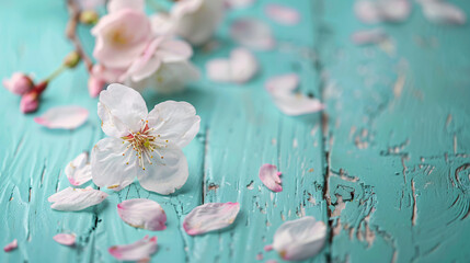 Beautiful sakura tree blossom and petals on turquoise