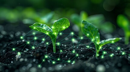 Young green plants growing in soil with a network of glowing lights, symbolizing technology enhancing agriculture and plant growth.