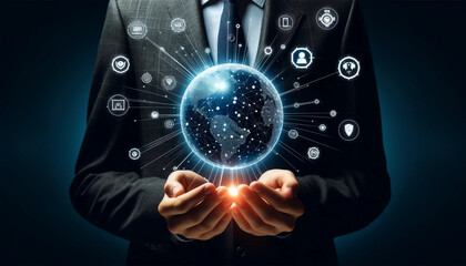 businessman holding a screen