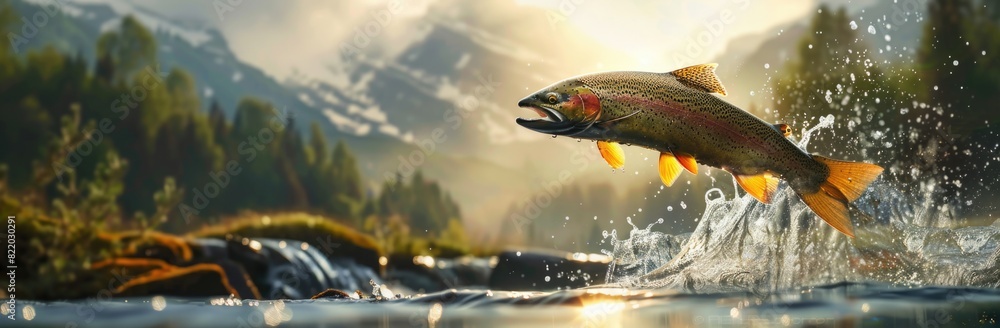 Wall mural a trout leaping out of the water. - Wall murals