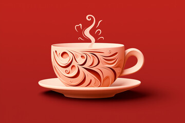 A cup filled with coffee is placed on a saucer against a vibrant red background in 3d style.