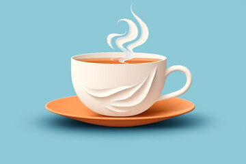 A white cup filled with coffee on a orange saucer against a blue background in 3D style.