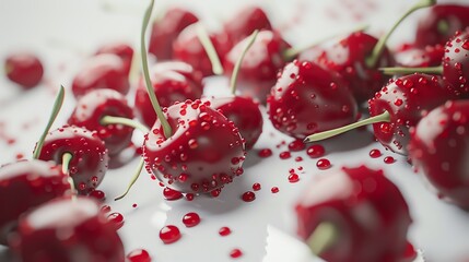 Capture the essence of plump, luscious cherries in a visually striking 3D render A low-angle perspective lends drama, setting them apart against a clean white backdrop