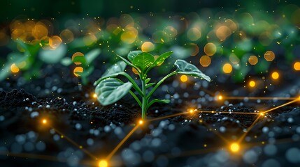 Young plant sprouting in digitally connected soil with glowing network, symbolizing technology integration in agriculture and growth.