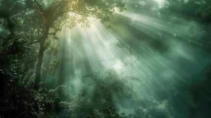 A dense, foggy forest with sunlight filtering through the mist. - Powered by Adobe