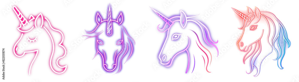 Poster neon unicorn png element set on transparent background