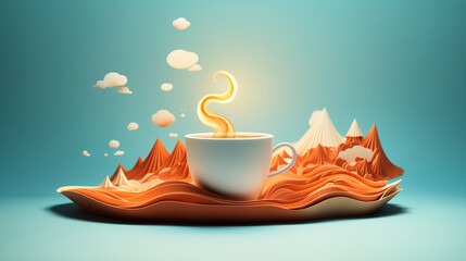 Surreal landscape with hot coffee rising from white cup among orange paper mountains on calm turquoise background. Concept of harmonious connection between the enjoyment of drink and beauty of nature