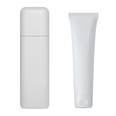 Cosmetic tube plastic blank, realistic vector design. Beauty cream container illustration mock up. Toothpaste tube product box. Face make-up packaging bottle, front view