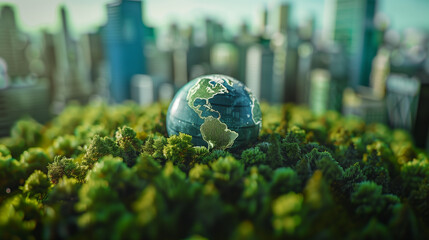 miniature globe surrounded by plants, symbolizing the importance of nature for the preservation of the earth, created with generative AI technology