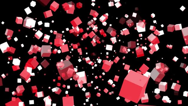 3D floating flying spinning cube shape square animation movement in space on black background visual effect geometric pattern colour red
