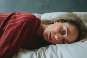 struggle from pain, migraine. close up of exhausted woman covering her head with hand in bed