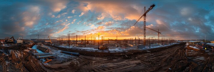 A panoramic view of a construction site with the sunrise in the background, symbolizing the start of a new day