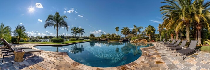 A panoramic view of a luxurious backyard pool area, featuring crystal clear water, surrounded by palm trees and lounge chairs