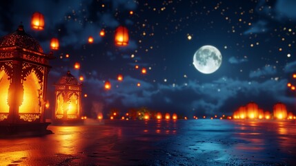 Minimalist Eid ul Adha night with glowing lanterns and a full moon, creating a tranquil and festive atmosphere