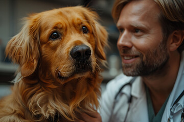 A veterinarian in a medical white coat treats and gives an injection to a sick dog on a medical table in an animal clinic, ensuring the pet receives professional healthcare