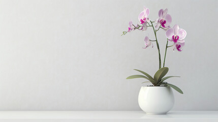 Blooming orchid flower in pot on white table near wall