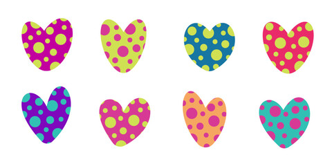 Set of colored spotted hearts. Vector illustration