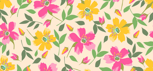 Seamless pattern, modern floral design for fabric, cotton, wallpaper, satin, gift wrap, carpet.
