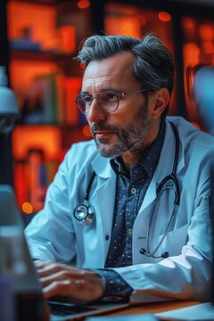 Doctor with stethoscope at computer for telemedicine consultation