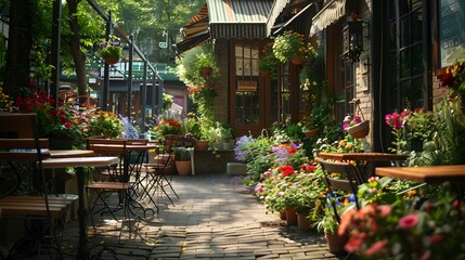 Obraz premium City garden blooms with vibrant flowers, nestled amidst urban streets and cozy cafes