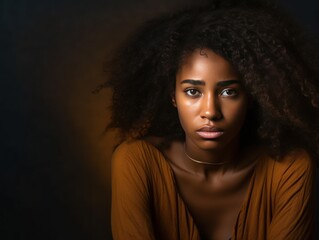 Bronze background sad black independant powerful Woman realistic person portrait of young beautiful bad mood expression girl Isolated on Background racism skin color depression 