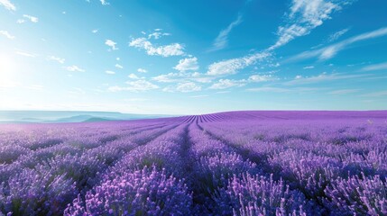 A field of lavender in full bloom under a clear blue sky.