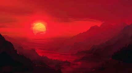 Serene Red Sunset Silhouetted Landscape - Digital Tone with Analogous Color Scheme