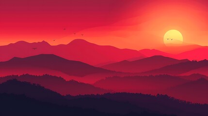 Obraz premium Serene Red Sunset Silhouette: Dramatic Landscape in Analogous Color Scheme with Digital Tone