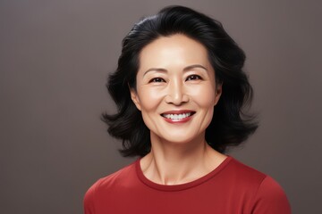 Brown Background Happy Asian Woman Portrait of Beautiful Older Mid Aged Mature Smiling Woman good mood Isolated Anti-aging Skin Care Face Beauty 